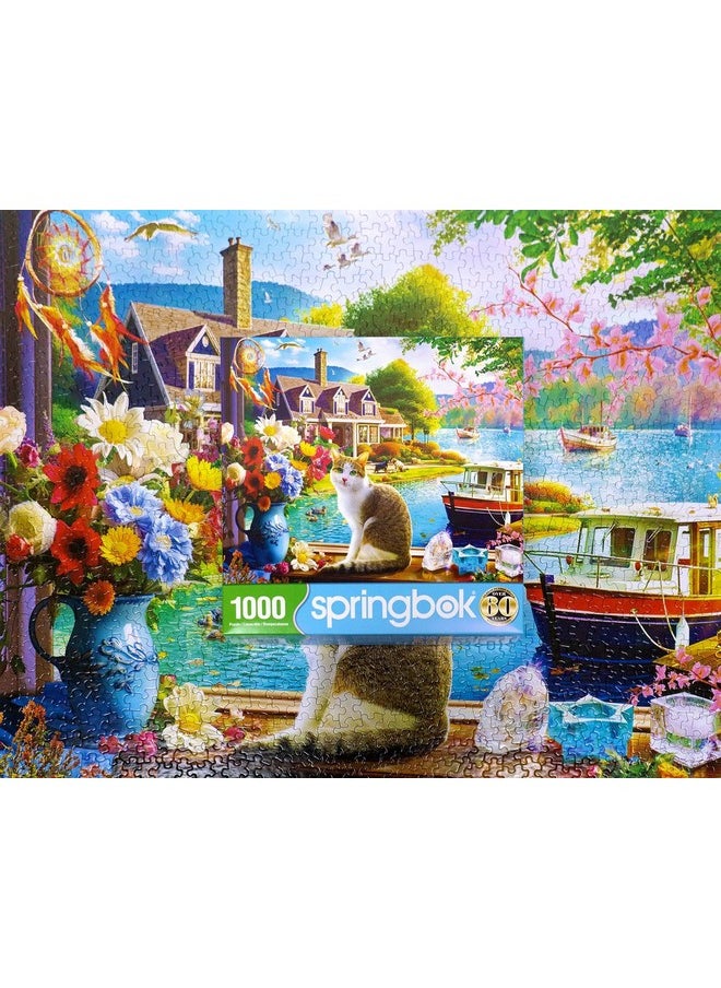 سبرينغبوك أحجية الصور المقطوعة Springbok Crisp Morning من 1000 قطعة للبالغين والعائلات - تتميز بقطة تستمتع بإطلالة على البحيرة - الحجم النهائي 30 بوصة × 24 بوصة  - Image 3
