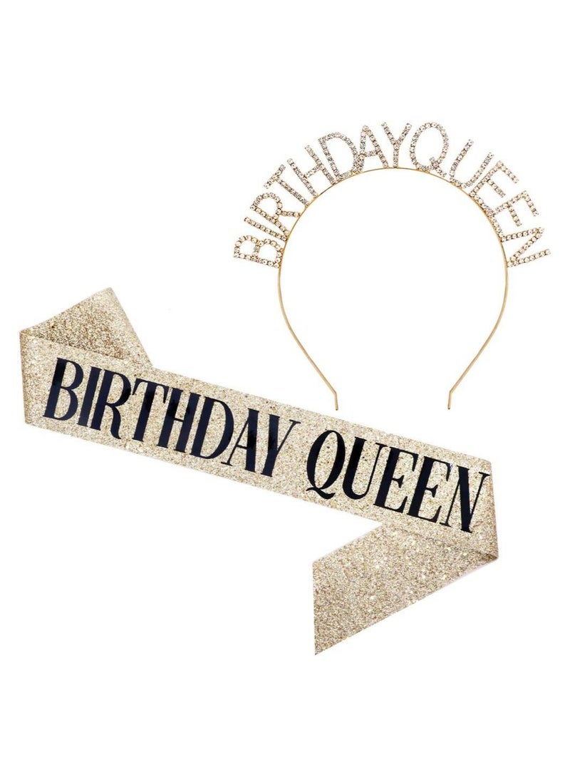 MARGOUN Birthday Queen Sash and Rhinestone Diamond Headband Set Girls Women Birthday Decoration Party Supplies Gold - Image 1