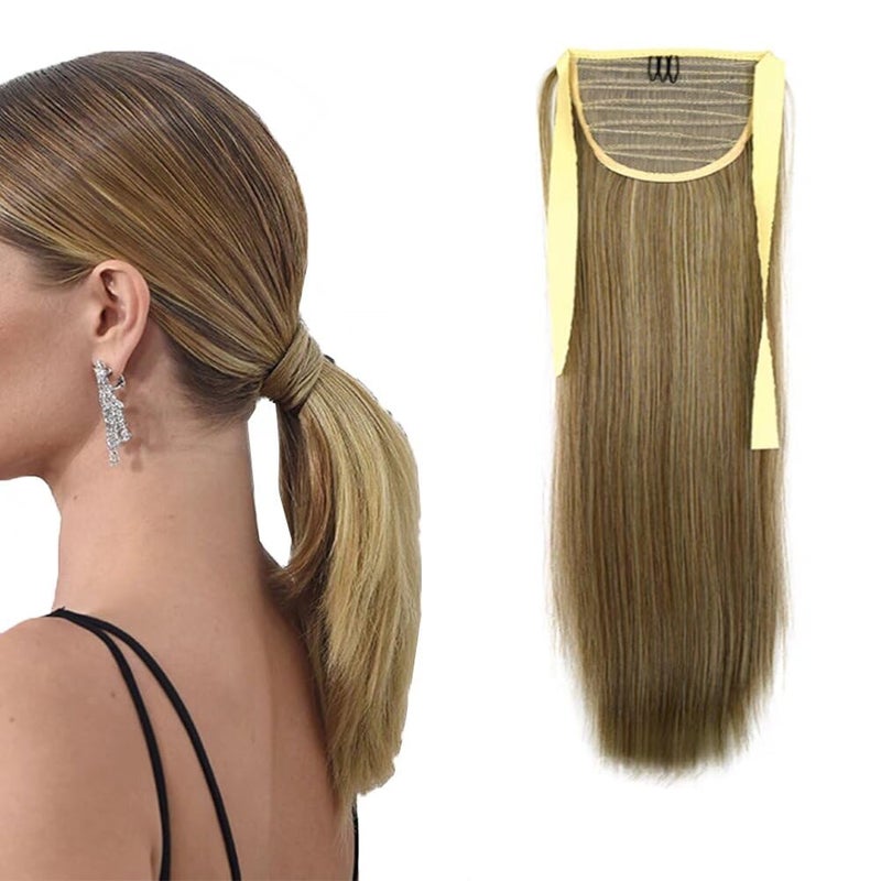 iLUU 24 Long Synthetic Ribbon Ponytail Heat Resistant 90g Straight Hairpiece 10613 Golden Brown and Bleach Blonde Highlights Clip in Hair Extensions Ponytail for Women Girls