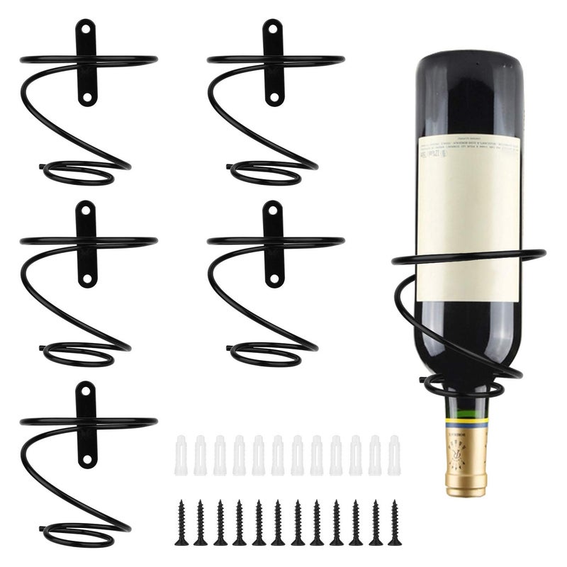 Yimerlen 6 Pcs Spiral Wine Wall Holder Wall Mounted Wine Rack Metal Wine Bottle Display Holder for Wine Storage Wall Wine Theme Decor Downward Style Black