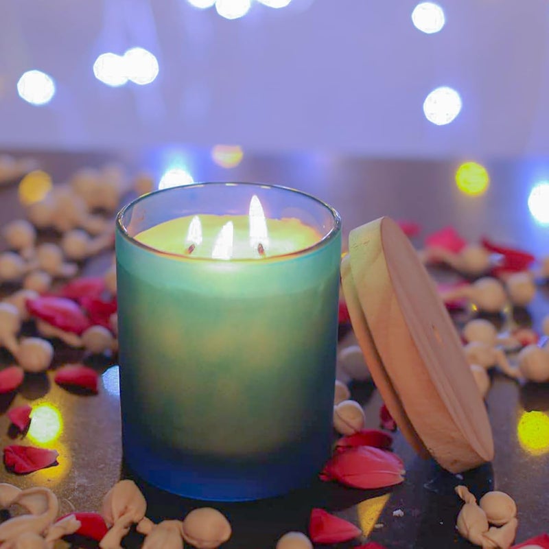 Kaameri Bazaar Lavender Fragrance Votive Matte Blue Jar Candle with Wooden Lid for Diwali Home Decoration Light Decoration - Image 2