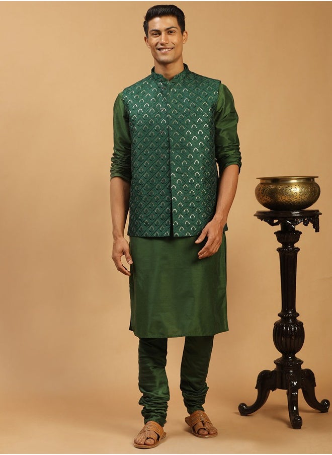 PRASHA - Men's Green Silk Blend Jacket, Kurta & Pyjama - Image 1