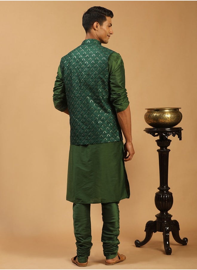 PRASHA - Men's Green Silk Blend Jacket, Kurta & Pyjama - Image 1