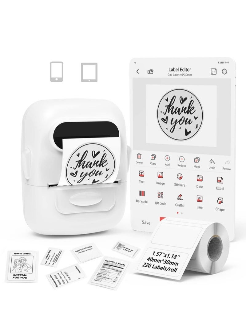 Marklife P50 Inkless Thermal Label Printer, Black & White Bluetooth Barcode Label Maker Machine, Portable Label Maker with 1 Roll Paper (40x30mm) for Address, Clothing, Jewelry, Retail, Home & Office Organization (White)(Not for Photo Printing) - Image 1