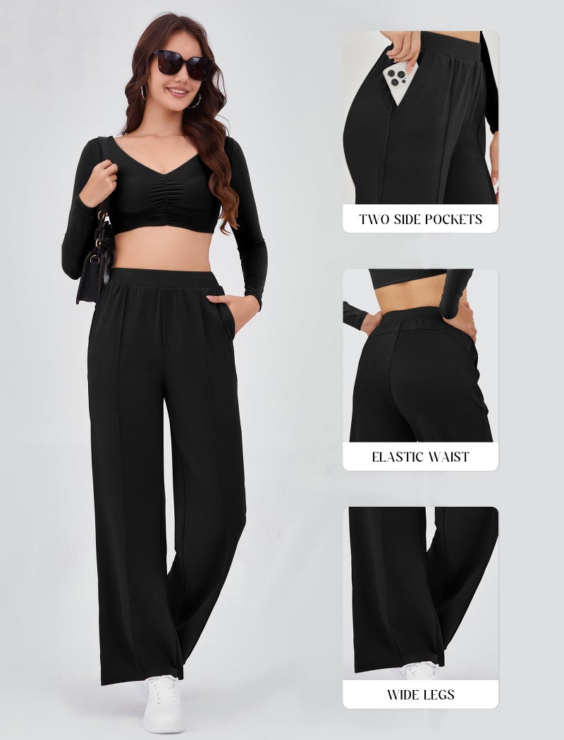 Gracyoga Elastic Waist Pants for Women Plus Size Pants Wide Leg Pull On Dress Pants High Waisted Casual Pants with Pockets Black 3XL - Image 4