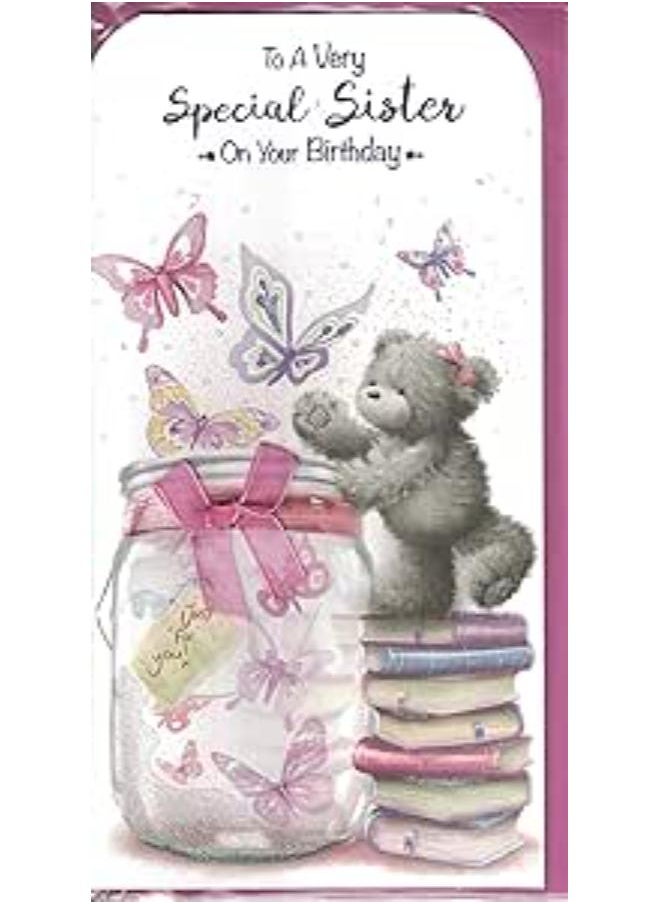 Generic - Sister Birthday Card ~ Birthday Wishes To A Lovely Sister ~ Cute Bear With Butterflies & Flowers - Image 1