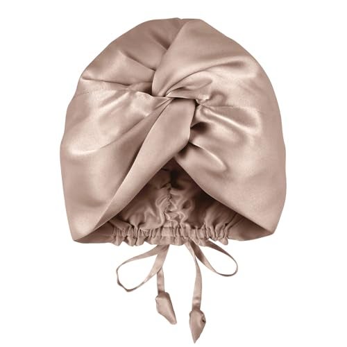 OLESILK Silk Bonnet for Sleeping Women 100 Mulberry 22 Momme Silk Adjustable Fit for Night Hair Care No Frizz for Curls Camel - Image 1