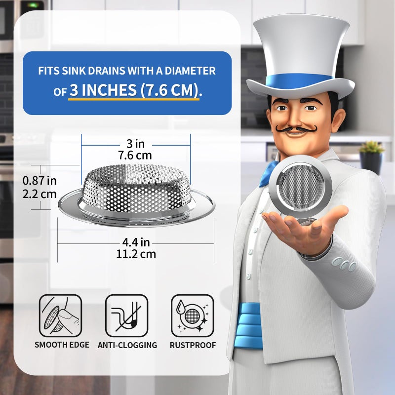 Mr Siga MR.SIGA Kitchen Sink Strainer, Stainless Steel Sink Drain Strainer, Dishwasher Safe, Outer Diameter 4.4 inch/11.2cm, Inner Diameter 3 inch/7.6cm, Pack of 3 - Image 2