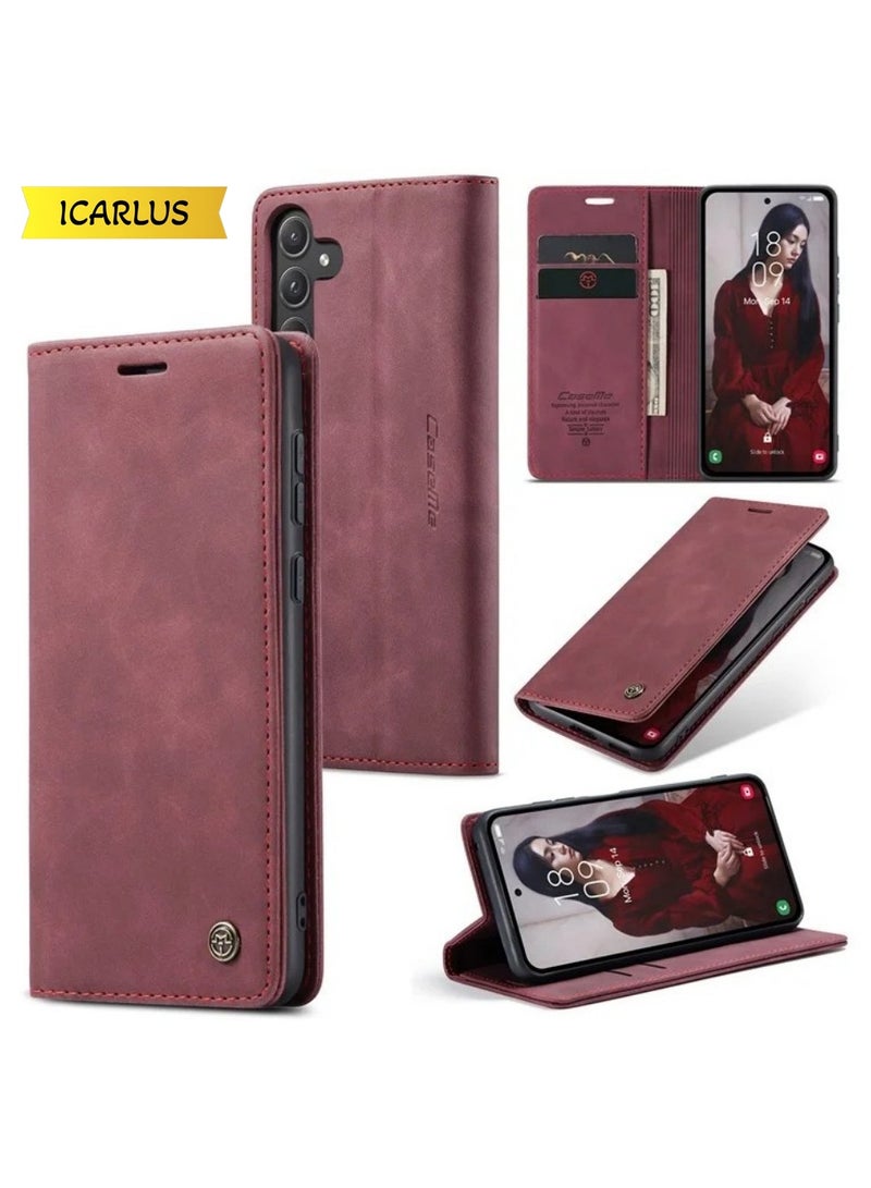 ICARLUS For Samsung Galaxy A57 5G Case PU Leather Stand View Business Phone Cover - Red - Image 1