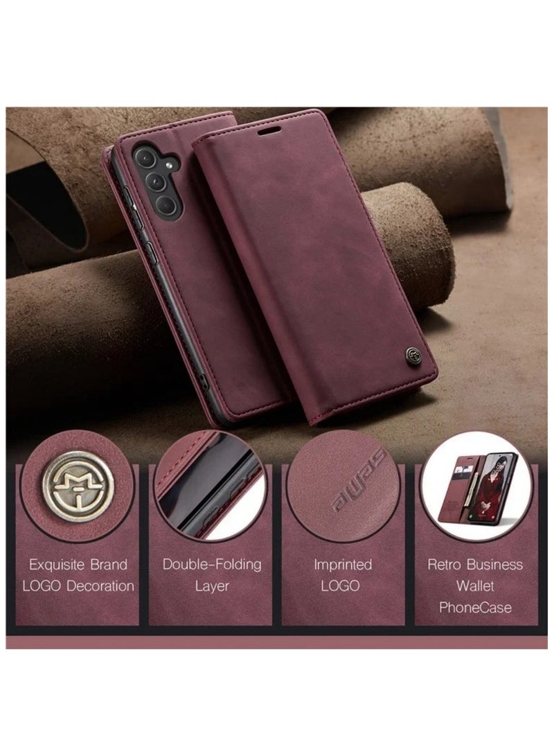 ICARLUS For Samsung Galaxy A57 5G Case PU Leather Stand View Business Phone Cover - Red - Image 5