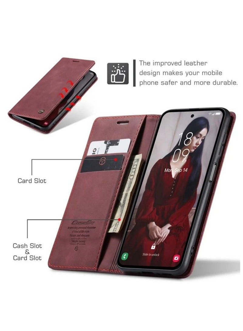 ICARLUS For Samsung Galaxy A57 5G Case PU Leather Stand View Business Phone Cover - Red - Image 3