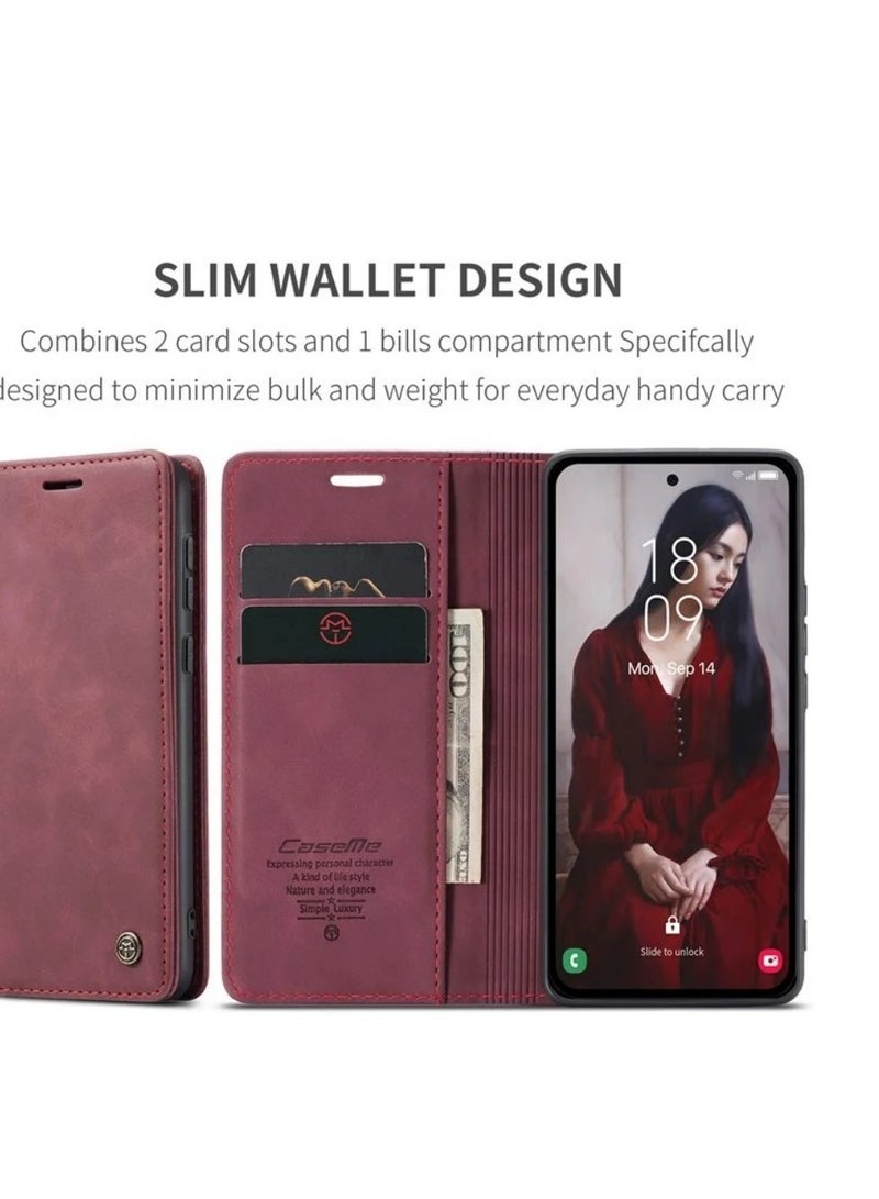 ICARLUS For Samsung Galaxy A57 5G Case PU Leather Stand View Business Phone Cover - Red - Image 4