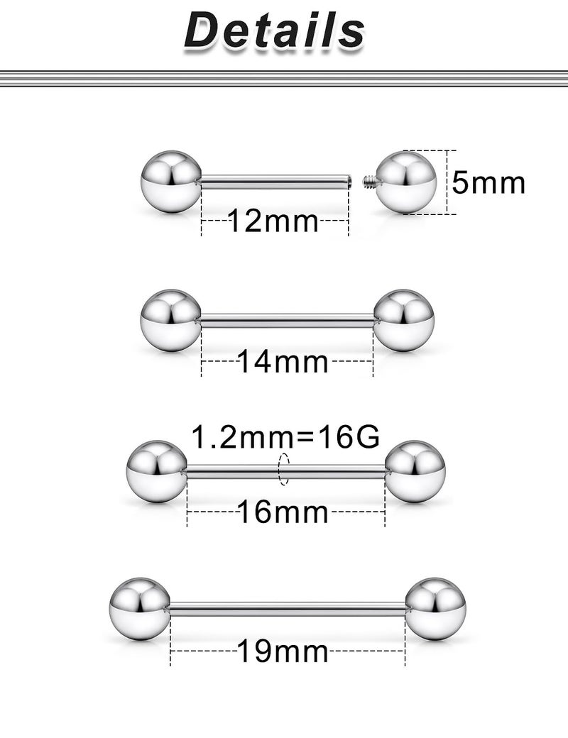 Ocptiy 14G Titanium Nipple Tongue Rings Piercing Jewelry for Women 14 Gauge Internally Threaded Long Bars Implant Grade Nipple Tongue Barbell Ring Bridge Piercing Jewelry Men 12mm 14mm 16mm 19mm Bar - Image 2