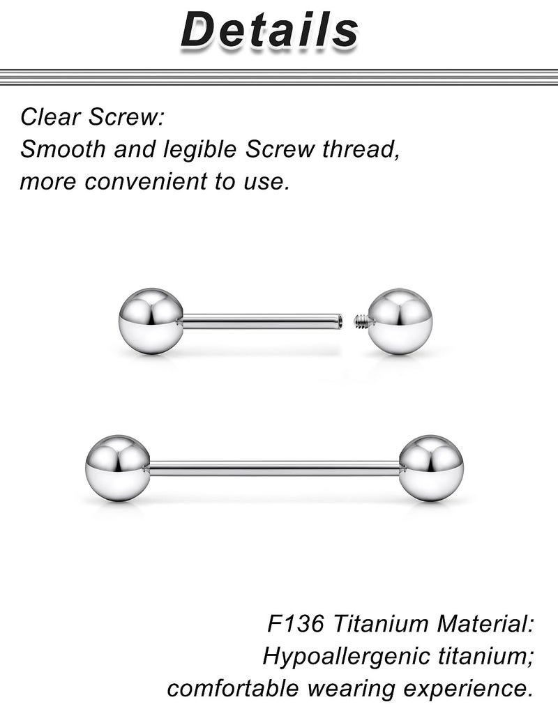 Ocptiy 14G Titanium Nipple Tongue Rings Piercing Jewelry for Women 14 Gauge Internally Threaded Long Bars Implant Grade Nipple Tongue Barbell Ring Bridge Piercing Jewelry Men 12mm 14mm 16mm 19mm Bar - Image 3