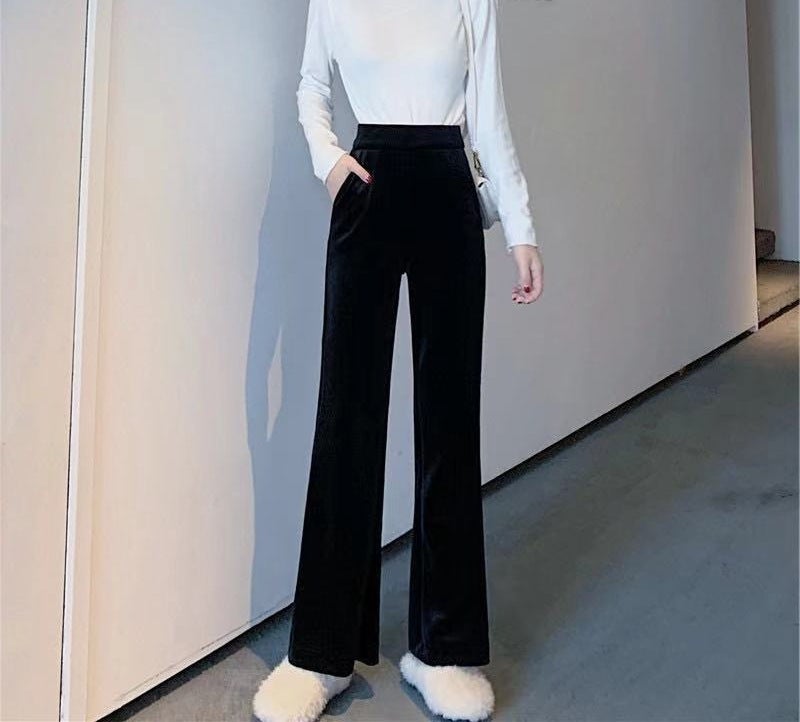Velvet Flared Pants For Women 2021 High-Waisted Slimming Drape Long Pants Black Casual Versatile Small Flares - Image 5