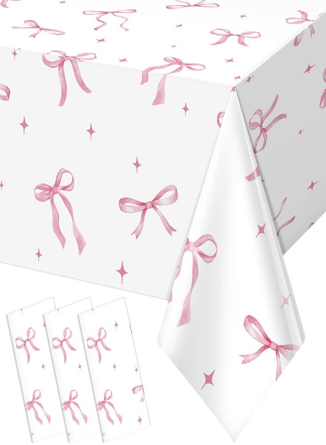 KEASKELL 3Pcs Coquette Party Tablecloths Decorations,Pink Bow Plastic Table Cover Disposable Rectangle Table Cloth for Girls Birthday Bridal Wedding Party Supplies,54x108 Inch - Image 1