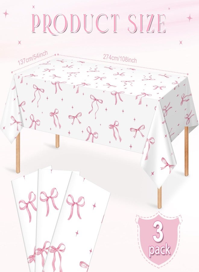KEASKELL 3Pcs Coquette Party Tablecloths Decorations,Pink Bow Plastic Table Cover Disposable Rectangle Table Cloth for Girls Birthday Bridal Wedding Party Supplies,54x108 Inch - Image 2