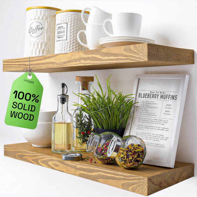 BAOBAB WORKSHOP Natural Wood Floating Shelves for Wall 24 inch Floating Wall Shelves for Kitchen Bedroom Wooden Bathroom Shelves Oak Floating Shelf 24 x 67 Inch Set of 2