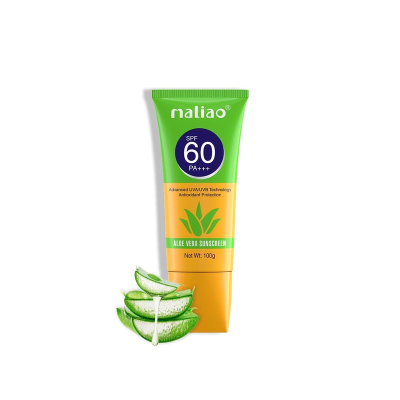 maliao واقي شمس مالياو بالصبار SPF 60 PA حماية شاملة من الشمس تركيبة مرطبة ومهدئة غير دهنية خفيفة الوزن سريعة الامتصاص مناسبة لجميع أنواع البشرة 100 جرام - Image 1
