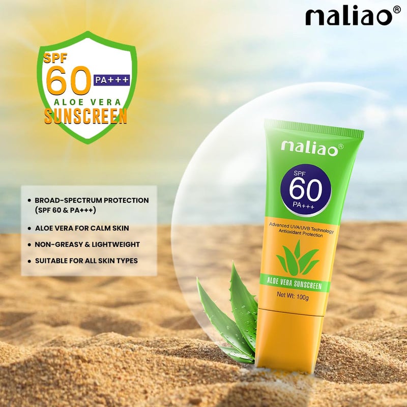 maliao واقي شمس مالياو بالصبار SPF 60 PA حماية شاملة من الشمس تركيبة مرطبة ومهدئة غير دهنية خفيفة الوزن سريعة الامتصاص مناسبة لجميع أنواع البشرة 100 جرام - Image 3