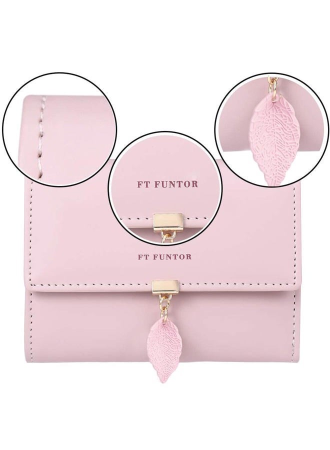 FT Funtor RFID Wallets for Women, Leaf Card Holder Trifold Ladies Wallets Coins Zipper Pocket with ID Window, 7-Pink, universal, Rfid Wallet - Image 3