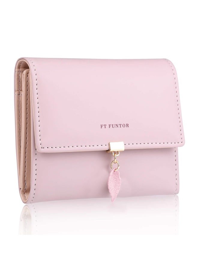 FT Funtor RFID Wallets for Women, Leaf Card Holder Trifold Ladies Wallets Coins Zipper Pocket with ID Window, 7-Pink, universal, Rfid Wallet - Image 1
