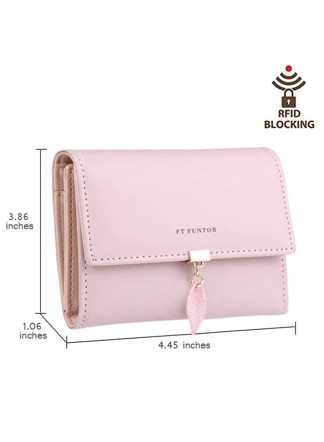 FT Funtor RFID Wallets for Women, Leaf Card Holder Trifold Ladies Wallets Coins Zipper Pocket with ID Window, 7-Pink, universal, Rfid Wallet - Image 5