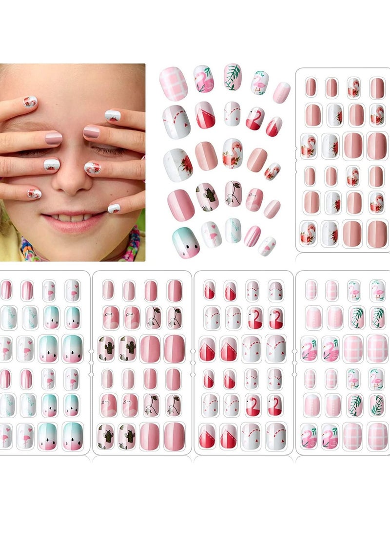 NIBEMINENT Kids False Nails, Children Press on Fake Tip Cartoon Full Cover Short Fingernail Artificial Tips Pre-glued Stickers for Girls Art Decoration (120Pcs) - Image 1