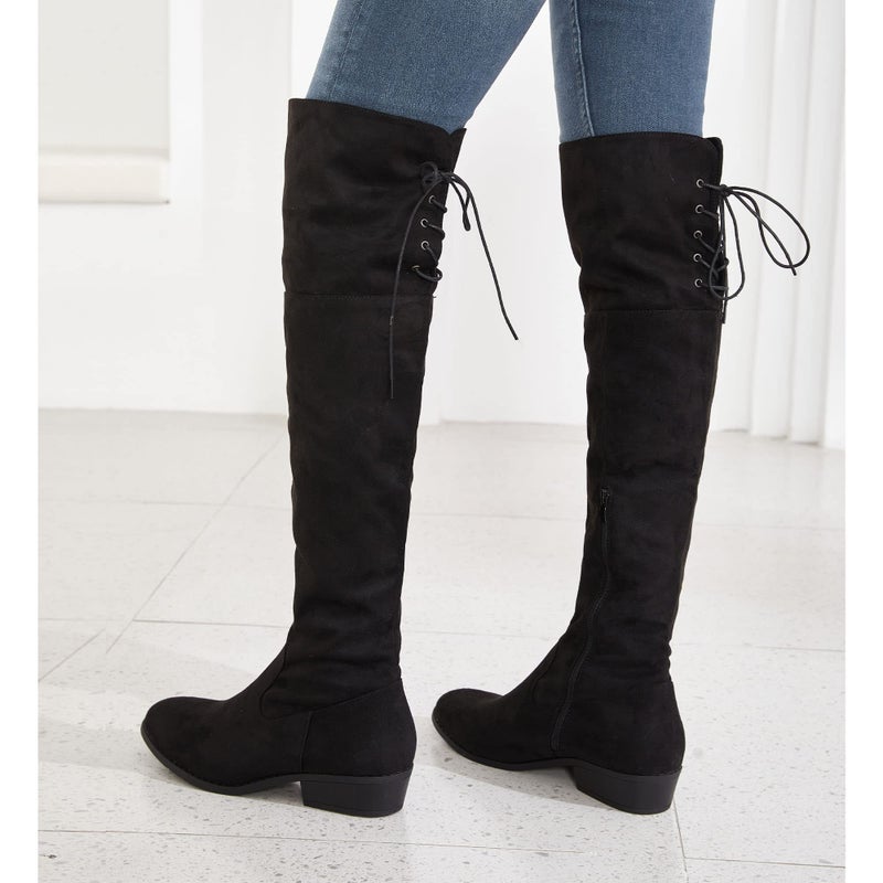 Hawkwell Women's Thigh High Fashion Boots Over The Knee Black Low Flat Heel Boots,Black Faux Suede,8 M US - Image 4