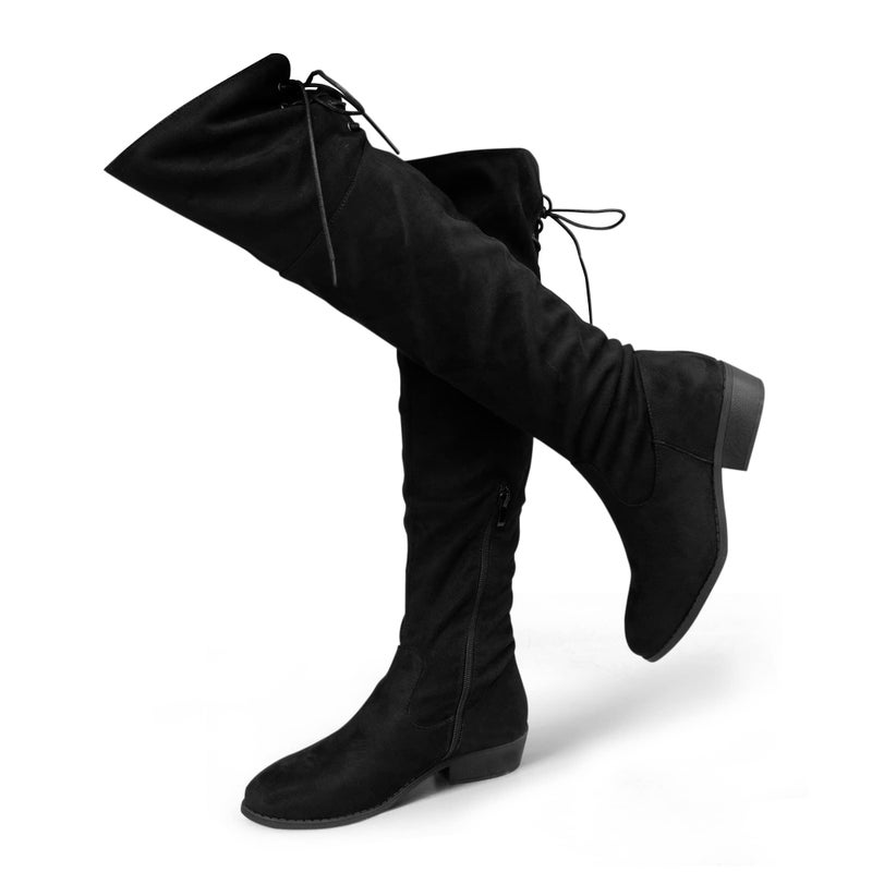 Hawkwell Women's Thigh High Fashion Boots Over The Knee Black Low Flat Heel Boots,Black Faux Suede,8 M US - Image 1