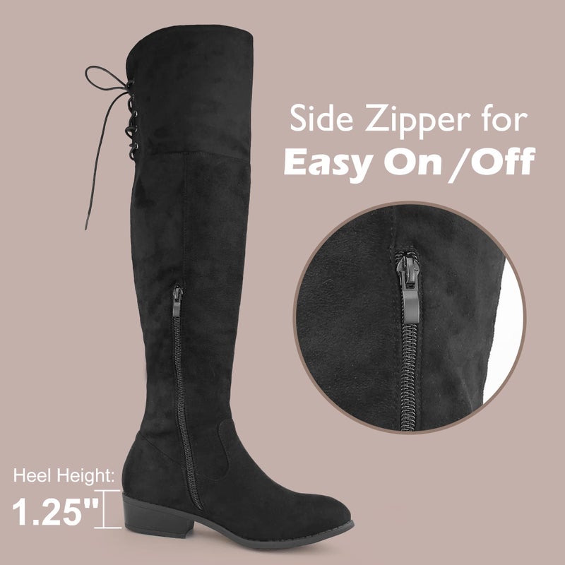 Hawkwell Women's Thigh High Fashion Boots Over The Knee Black Low Flat Heel Boots,Black Faux Suede,8 M US - Image 5