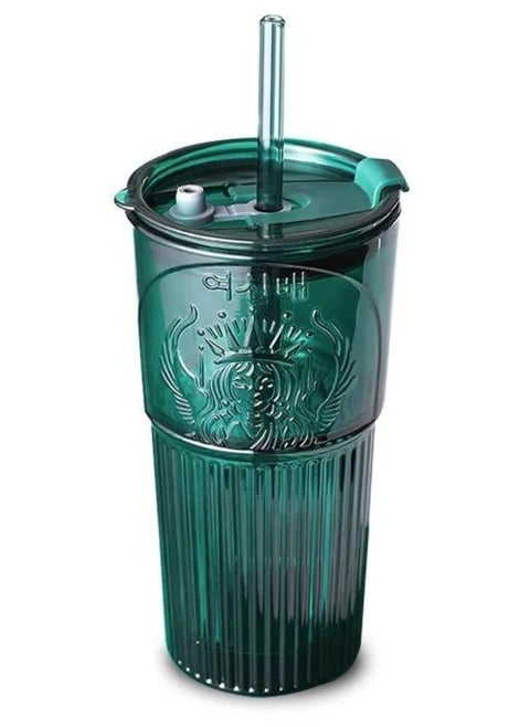 Glass Coffee Mugs with Lids and Straw 600ml Drinking Glasses Tumbler for Juice Smoothies Cocktail Home Travel Sipper Cup (Green)(Pack of 1)