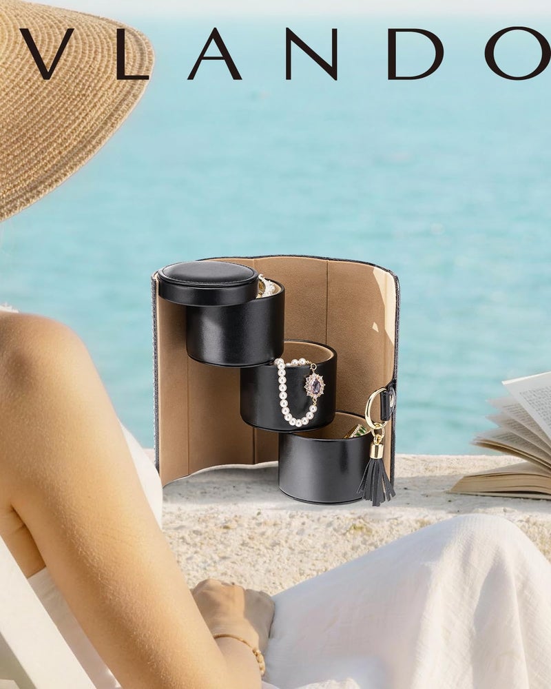 Vlando Travel Jewellery Case, Faux Leather Jewellery Box for Rings, Earring, Necklaces,Bangle, Gift for Women, Couples, Friends,Black - Image 2