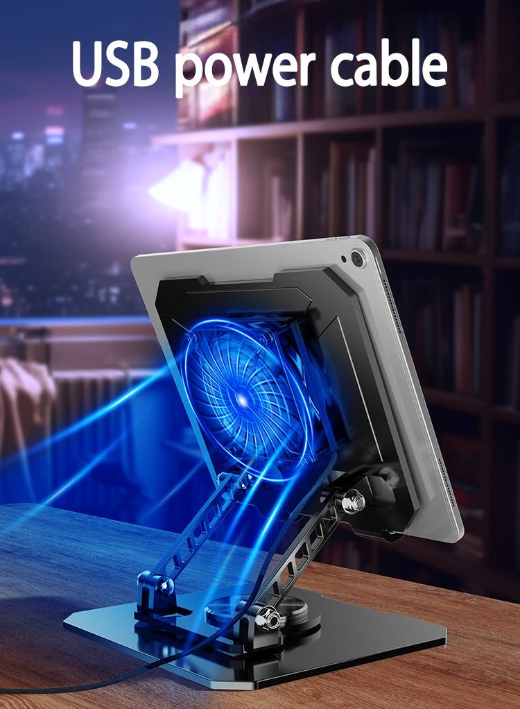 Silver Adjustable iPad Stand with Built-in Cooling Fan 360° Rotating Foldable Carbon Steel Heat Dissipation Holder for iPad Samsung Tablets Desktop Live Streaming Support - Image 3