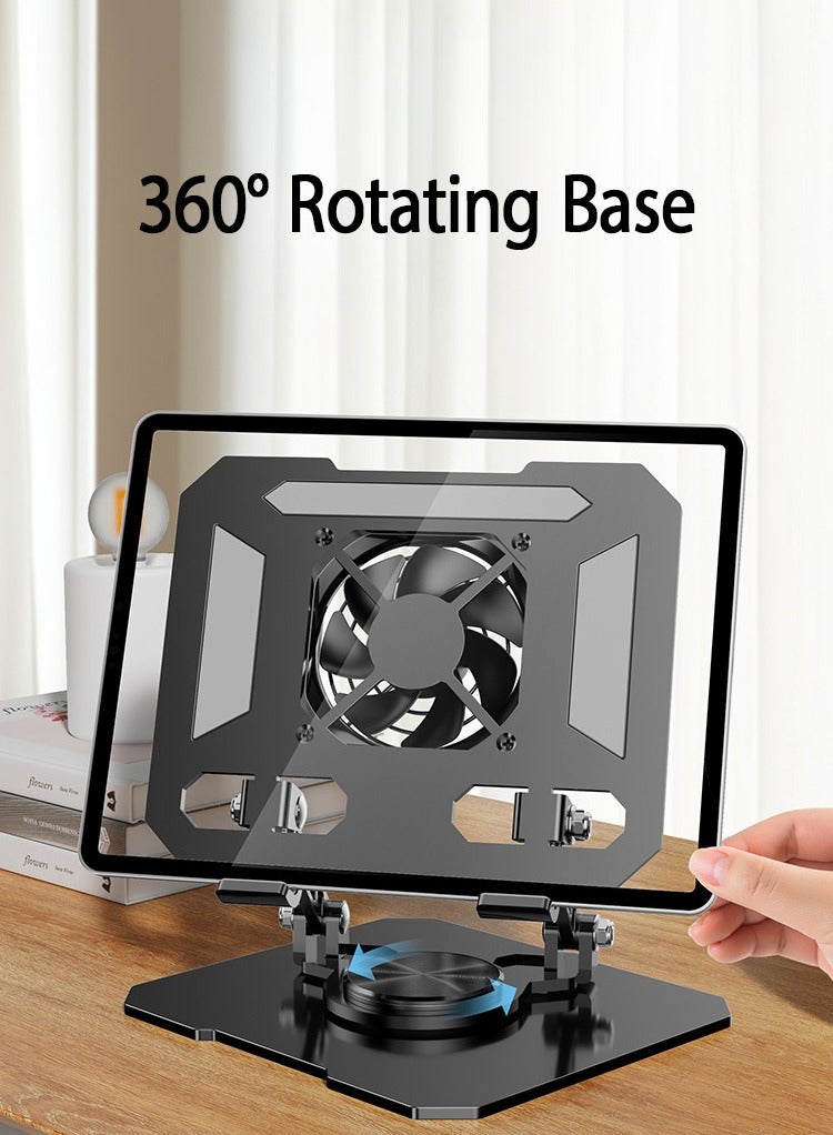 Silver Adjustable iPad Stand with Built-in Cooling Fan 360° Rotating Foldable Carbon Steel Heat Dissipation Holder for iPad Samsung Tablets Desktop Live Streaming Support - Image 4