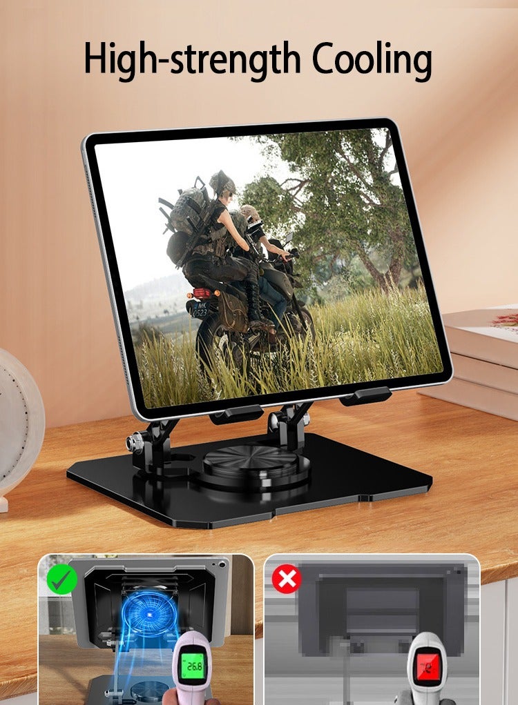 Silver Adjustable iPad Stand with Built-in Cooling Fan 360° Rotating Foldable Carbon Steel Heat Dissipation Holder for iPad Samsung Tablets Desktop Live Streaming Support - Image 2