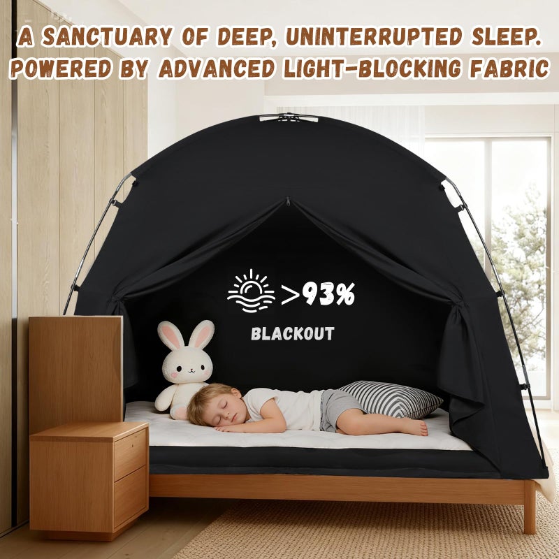 jiangcha Bed Tents for Kids and Adults, Portable 100% Breathable and 93% Blackout Dream Play Tent, 3 Doors Big Privacy Space Sleeping Canopy for Floor or Twin Full Queen Sizes Bed (Black, Twin-Size) - Image 5