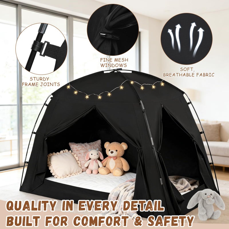 jiangcha Bed Tents for Kids and Adults, Portable 100% Breathable and 93% Blackout Dream Play Tent, 3 Doors Big Privacy Space Sleeping Canopy for Floor or Twin Full Queen Sizes Bed (Black, Twin-Size) - Image 3