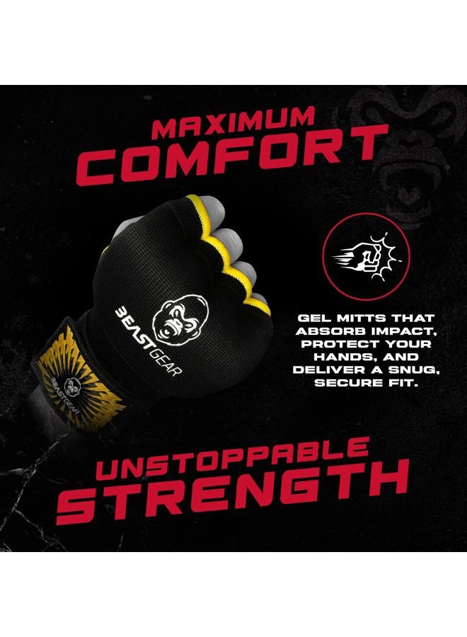 Beast Gear قفازات ملاكمة داخلية متقدمة مع جيل لحماية اليدين لرياضات القتال، MMA وفنون القتال (أسود أصفر/صغير) - Image 2