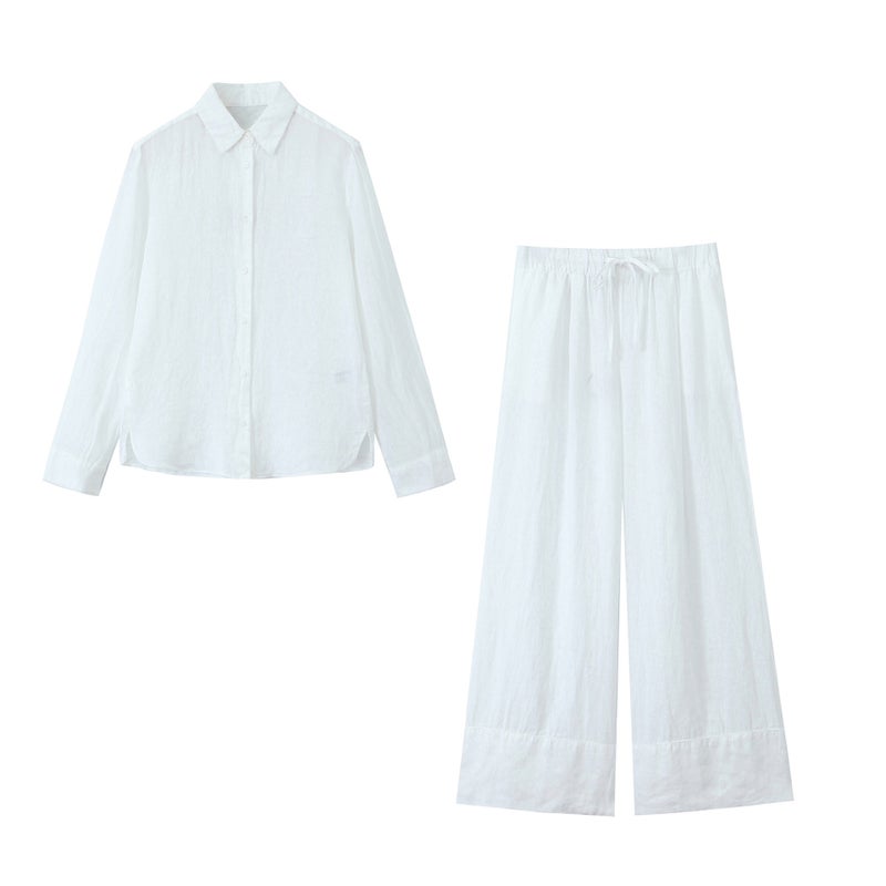 Foreign trade 2024 autumn new womens European and American style linen loose shirt straight trousers two-piece 4877100 White complete set