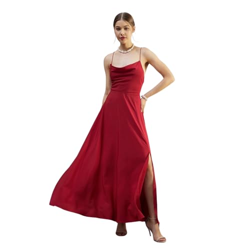 Berrylush Women Solid Red Cowl Neck Sleeveless Lace-Up Backless Flared Maxi Dress - Image 1