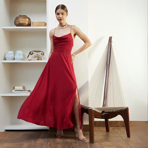 Berrylush Women Solid Red Cowl Neck Sleeveless Lace-Up Backless Flared Maxi Dress - Image 2