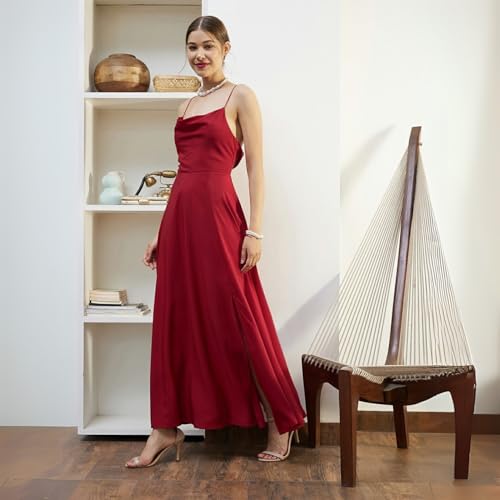 Berrylush Women Solid Red Cowl Neck Sleeveless Lace-Up Backless Flared Maxi Dress - Image 3