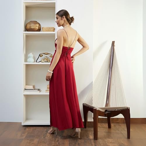 Berrylush Women Solid Red Cowl Neck Sleeveless Lace-Up Backless Flared Maxi Dress - Image 4