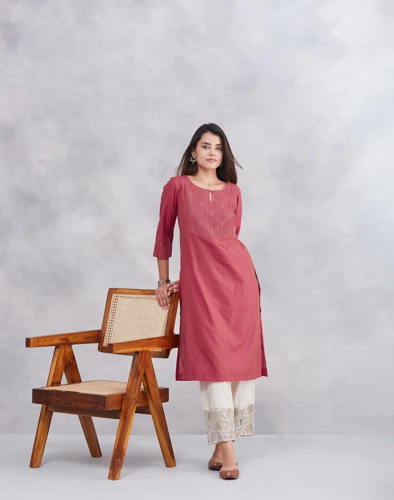 Fabindia Pink Cotton Silk Embroidered Long Kurta
