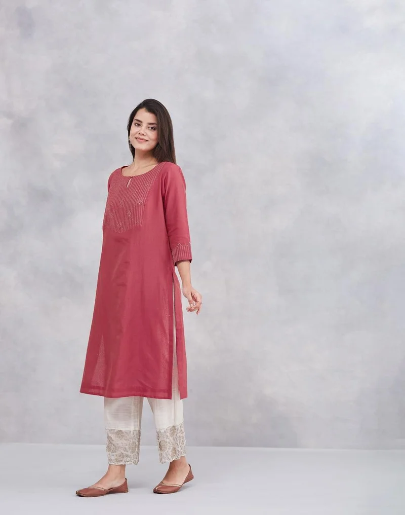 Fabindia  Pink Cotton Silk Embroidered Long Kurta for Women | Best Price UAE