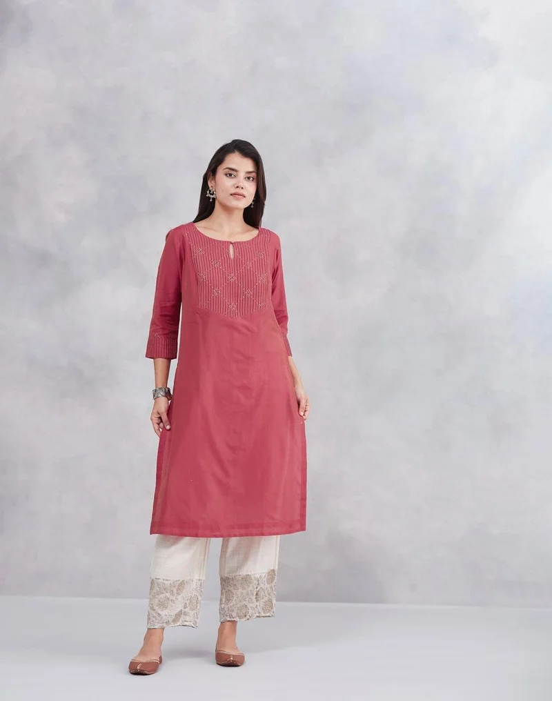 Fabindia Pink Cotton Silk Embroidered Long Kurta