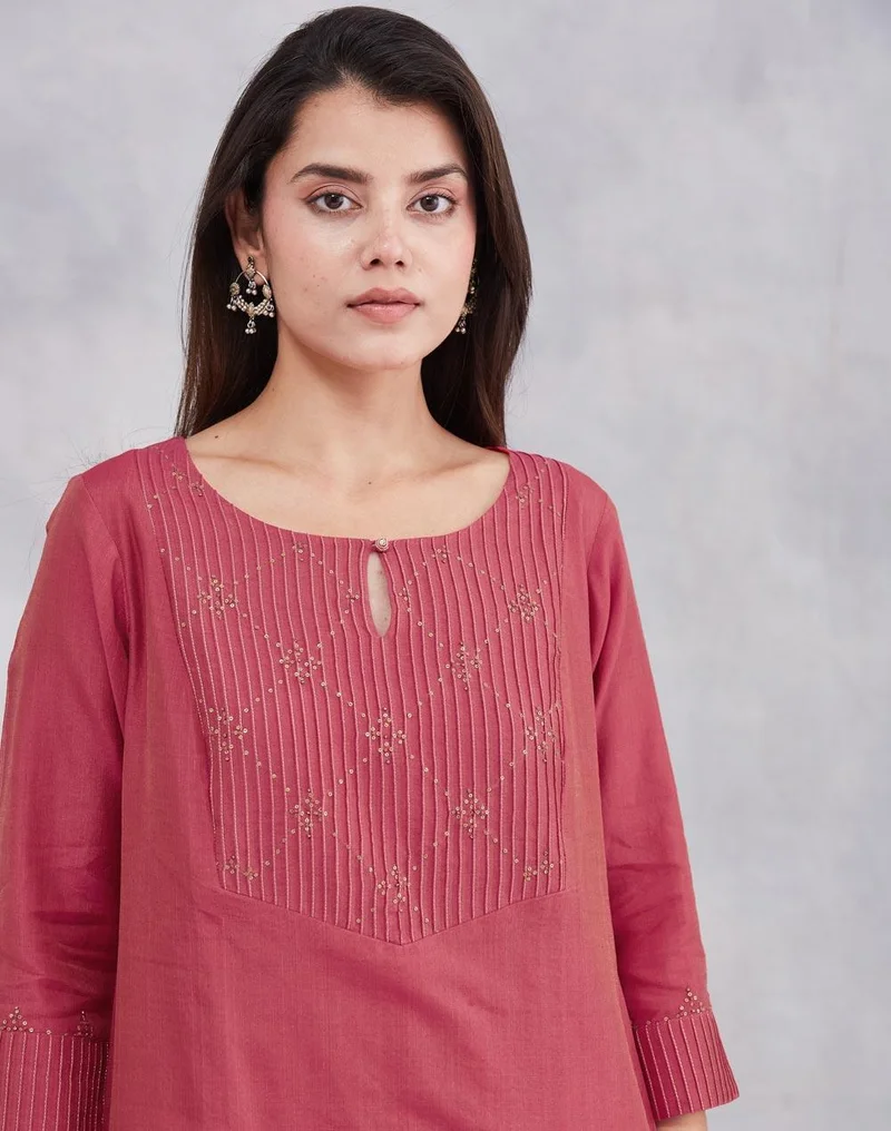 Fabindia  Pink Cotton Silk Embroidered Long Kurta for Women | Best Price UAE