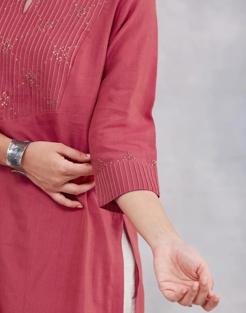 Fabindia  Pink Cotton Silk Embroidered Long Kurta for Women | Best Price UAE