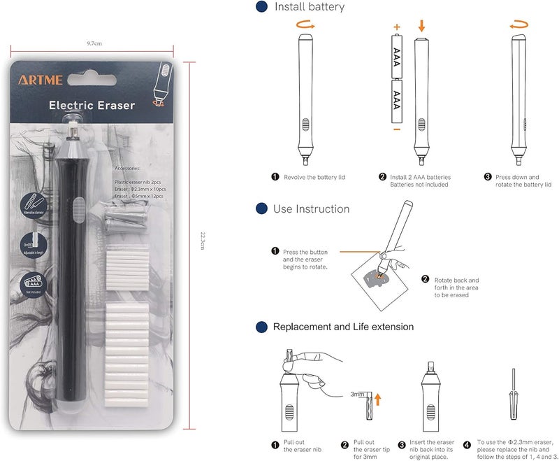 ARTME Electric Eraser/Automatic Rubber - 22pcs Refills Included (0.1 inch and 0.2 inch) - Sketch, Architects, Engineers & Students - Image 3